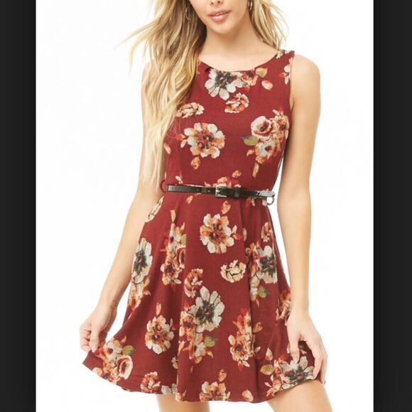 Grunge Y2k Iris Red Wine Floral belted Fit & Flare Sleeveless Knit Dress Small - Picture 6 of 7